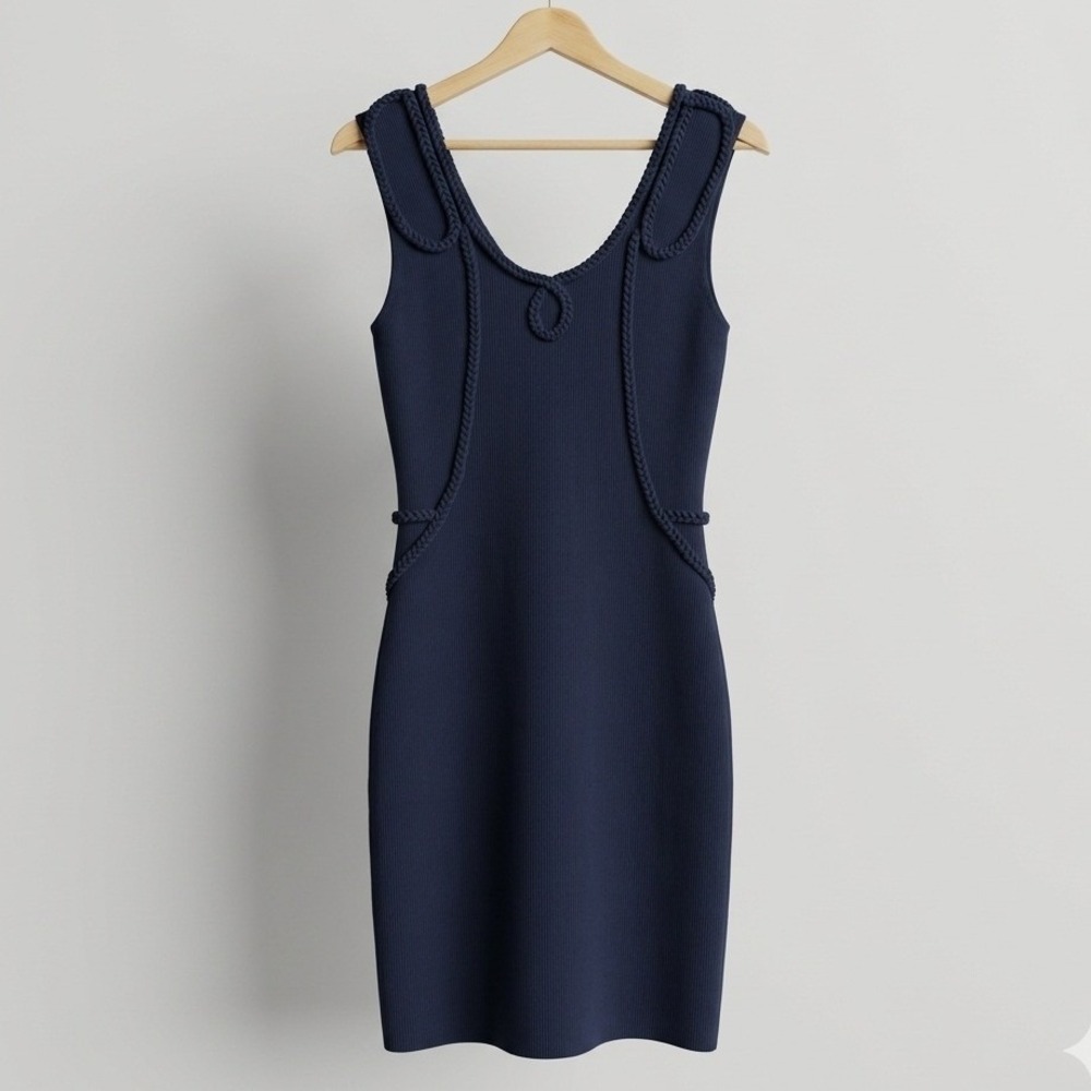 Etcetera Navy Blue Braided Rope Trim Knit Sheath Dress Sleeveless V-Neck Small